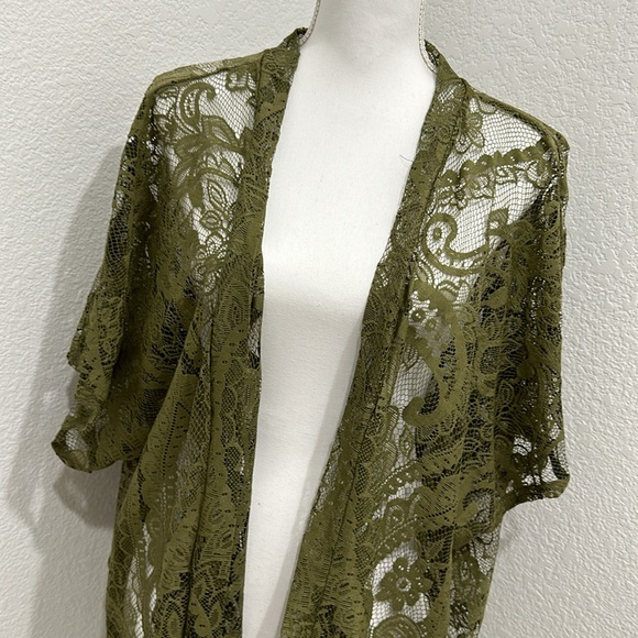 Emerette Lacey Fringe Boho kimono cardigan shawl army green Small - Picture 2 of 5
